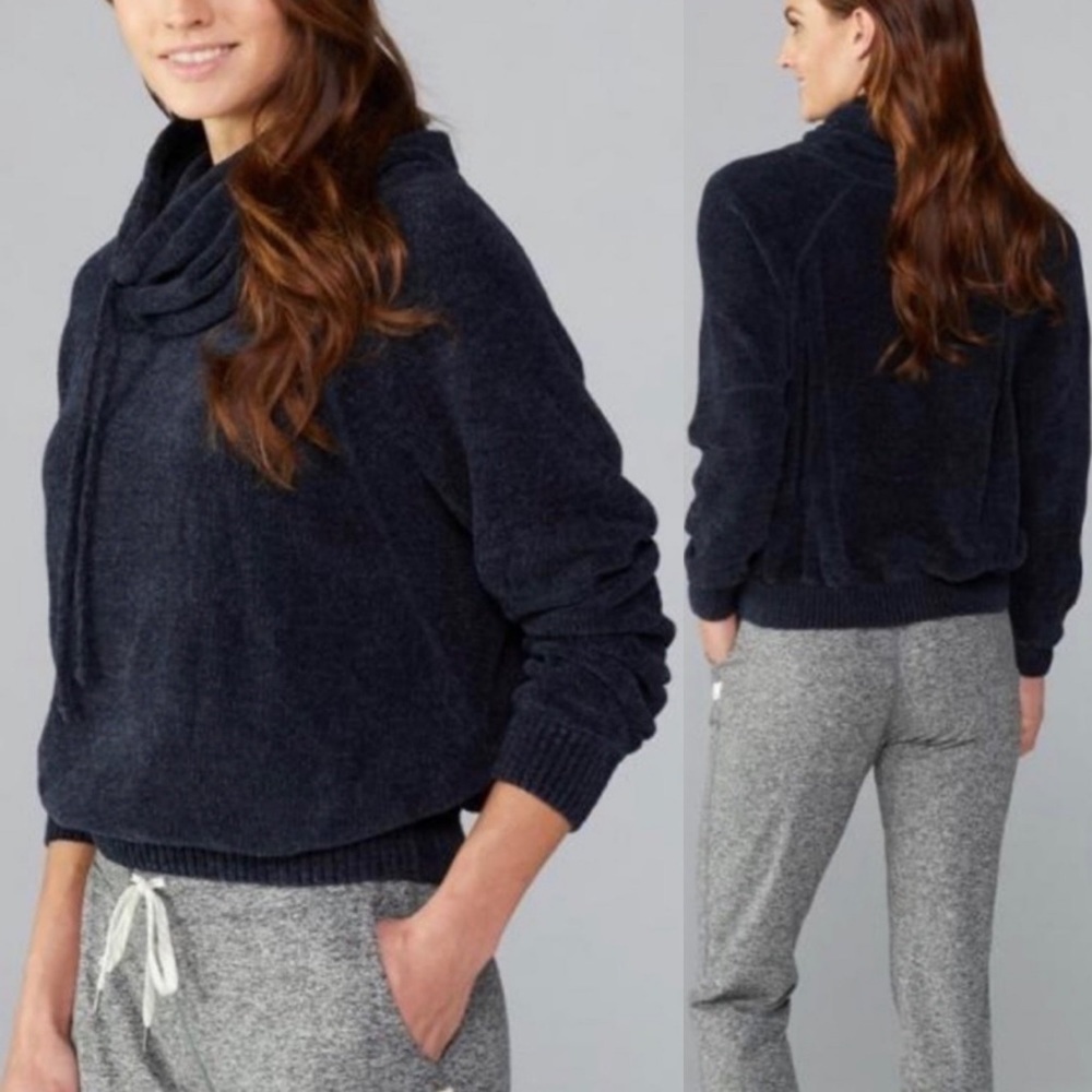 PRANA Auberon Chenille Soft Cowl Funnel Neck Navy Blue Sweater